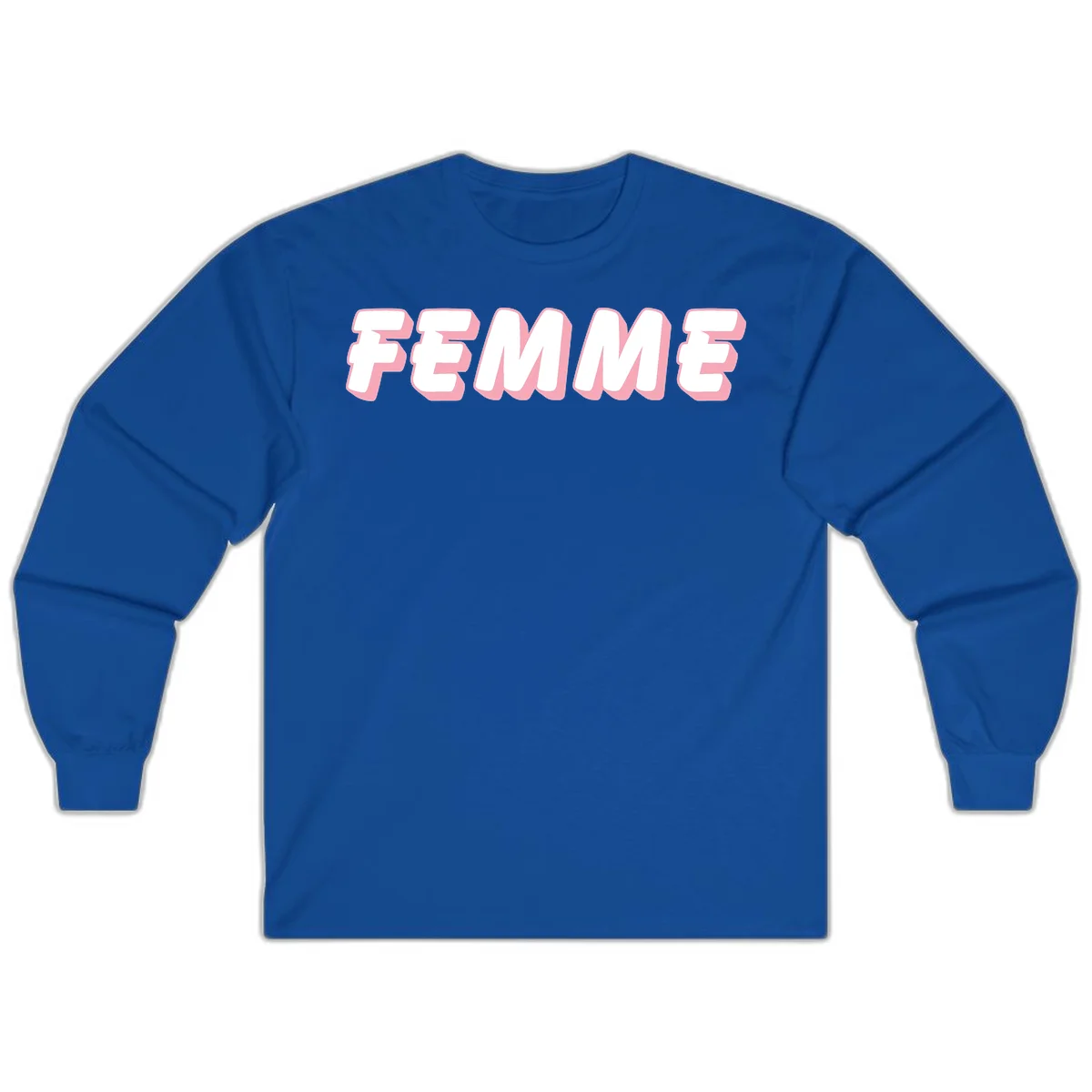 Bold 3D lettering spelling FEMME in white with pink dimensional shadowing on gray background in Royal