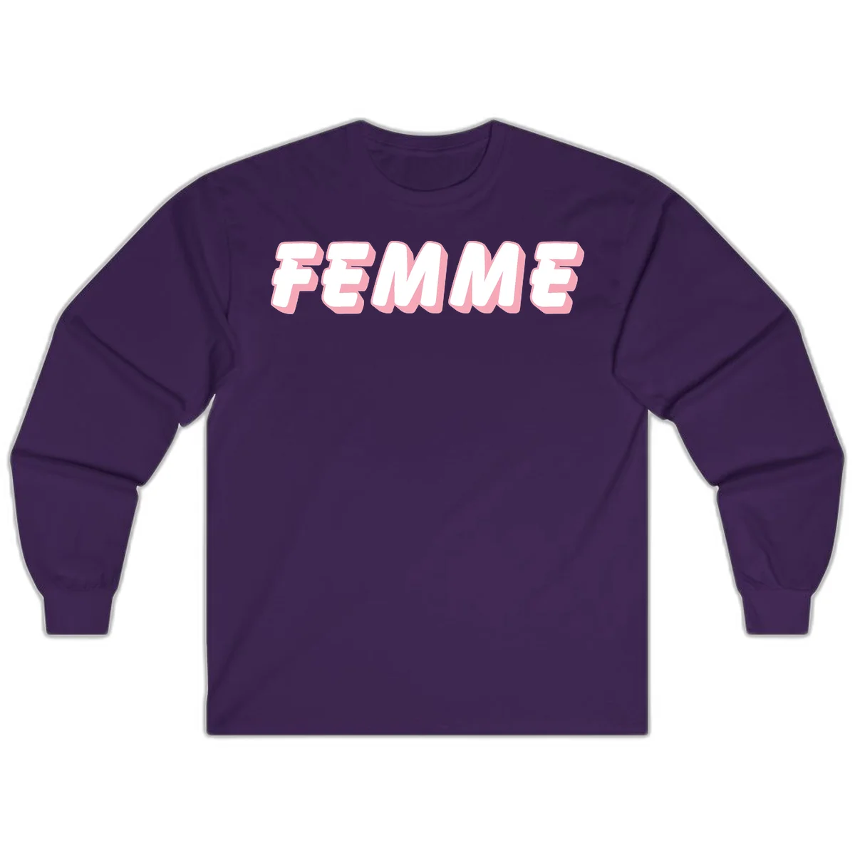 Bold 3D lettering spelling FEMME in white with pink dimensional shadowing on gray background in Purple