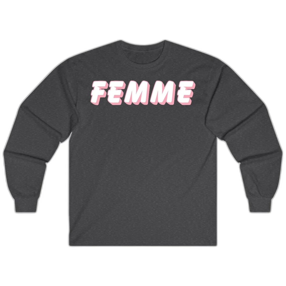 Bold 3D lettering spelling FEMME in white with pink dimensional shadowing on gray background in Dark Heather