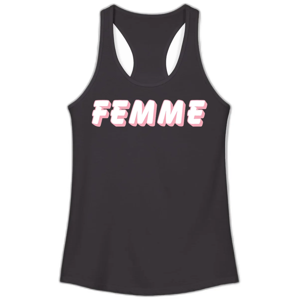 Bold 3D lettering spelling FEMME in white with pink dimensional shadowing on gray background in Black