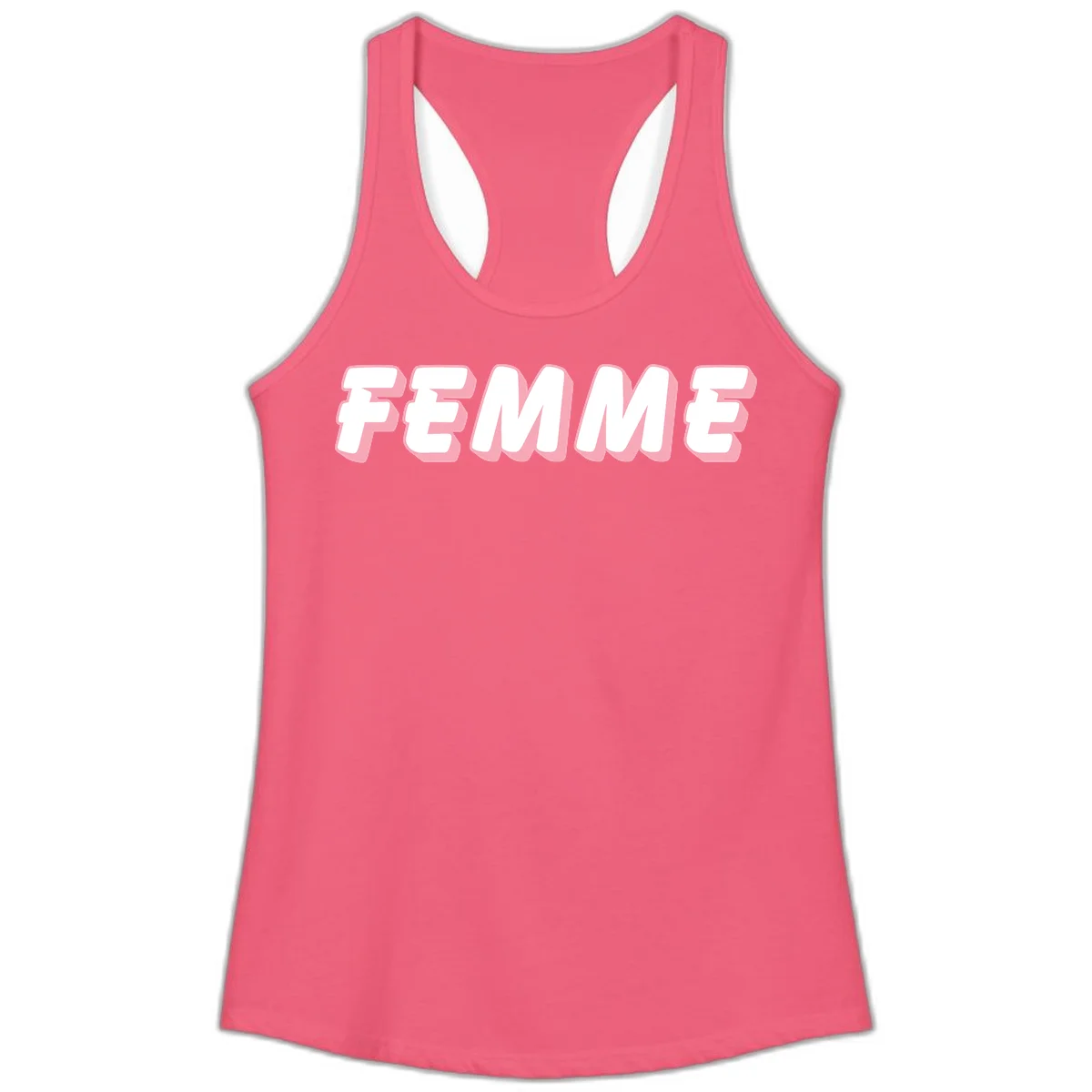 Bold 3D lettering spelling FEMME in white with pink dimensional shadowing on gray background in Hot Pink