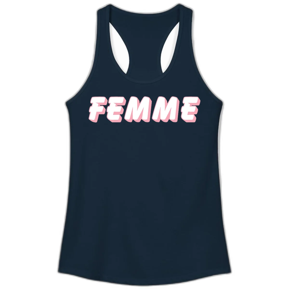 Bold 3D lettering spelling FEMME in white with pink dimensional shadowing on gray background in Solid Midnight Navy