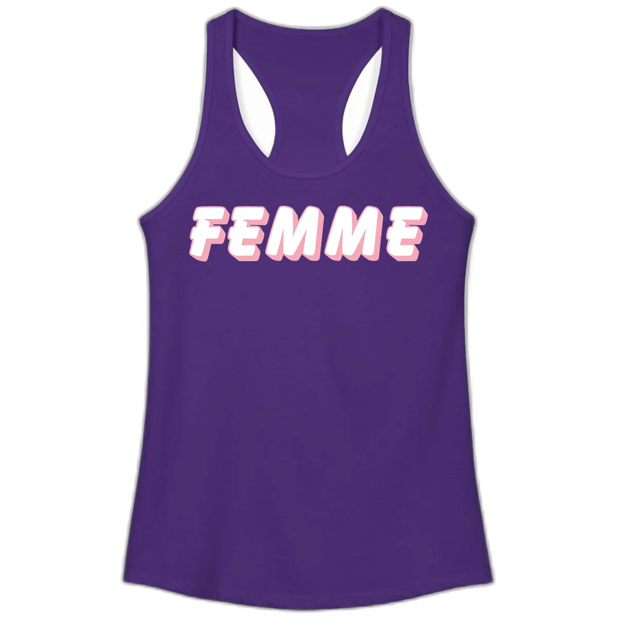 Bold 3D lettering spelling FEMME in white with pink dimensional shadowing on gray background in Solid Purple Rush