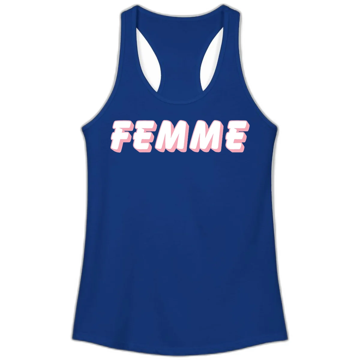 Bold 3D lettering spelling FEMME in white with pink dimensional shadowing on gray background in Solid Royal