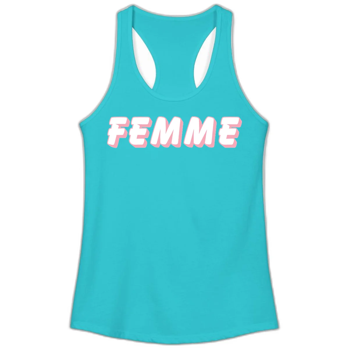 Bold 3D lettering spelling FEMME in white with pink dimensional shadowing on gray background in Solid Tahiti Blue