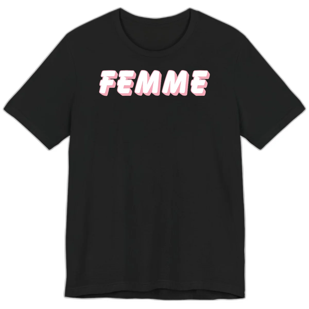 Bold 3D lettering spelling FEMME in white with pink dimensional shadowing on gray background in Black