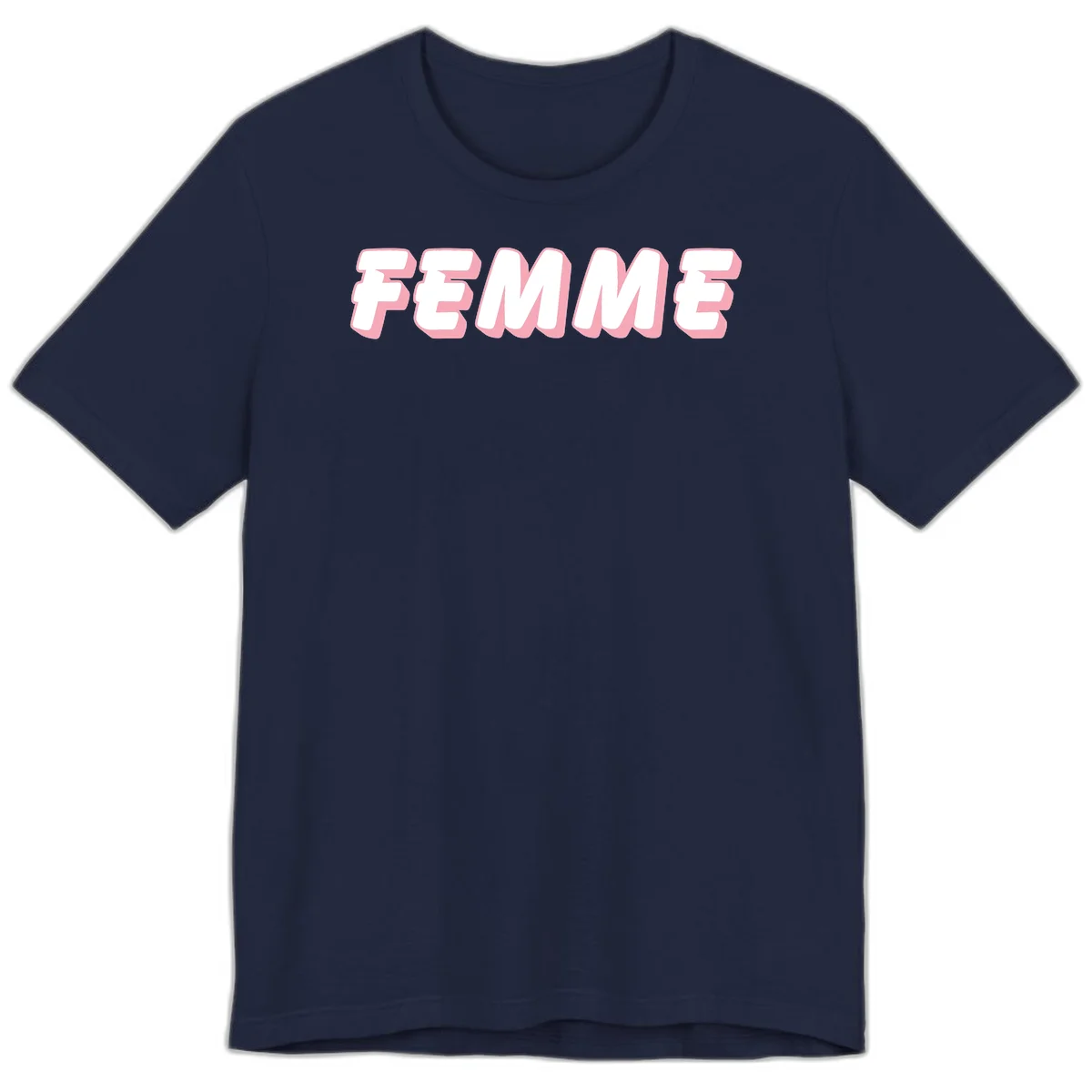 Bold 3D lettering spelling FEMME in white with pink dimensional shadowing on gray background in Navy