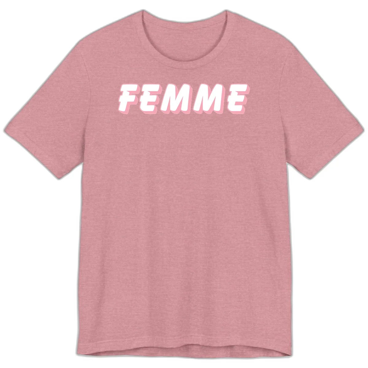 Bold 3D lettering spelling FEMME in white with pink dimensional shadowing on gray background in Heather Orchid