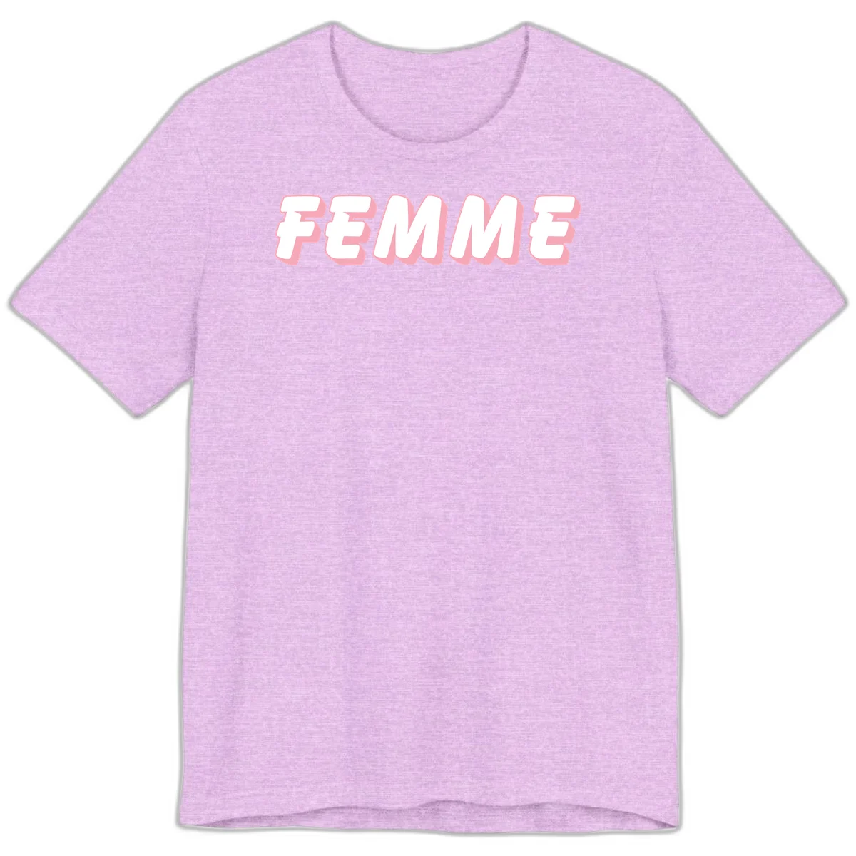 Bold 3D lettering spelling FEMME in white with pink dimensional shadowing on gray background in Heather Prism Lilac