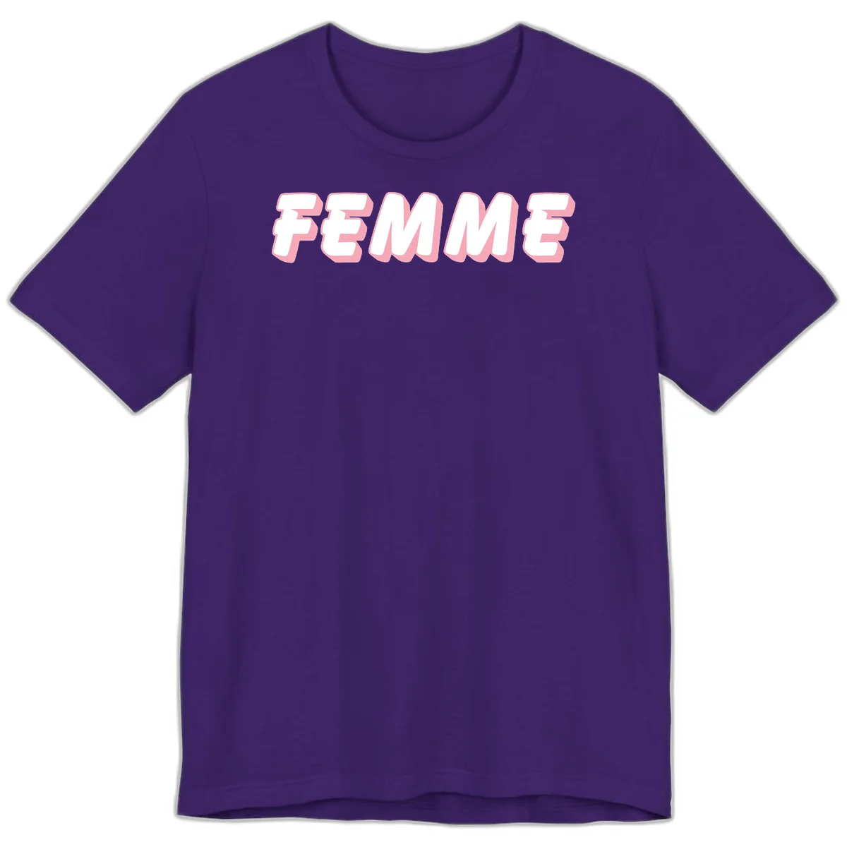Bold 3D lettering spelling FEMME in white with pink dimensional shadowing on gray background in Team Purple