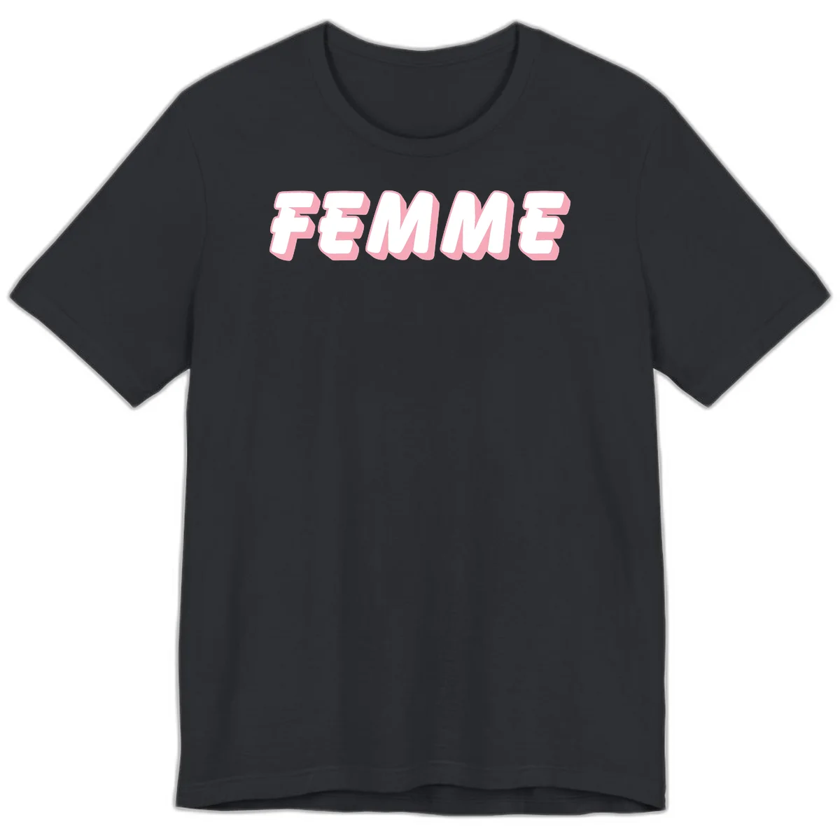 Bold 3D lettering spelling FEMME in white with pink dimensional shadowing on gray background in Vintage Black