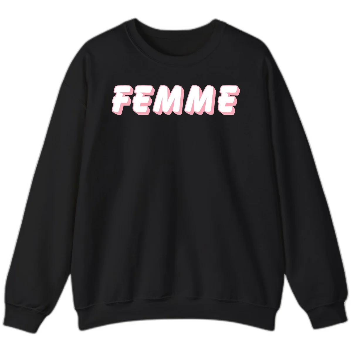 Bold 3D lettering spelling FEMME in white with pink dimensional shadowing on gray background in Black