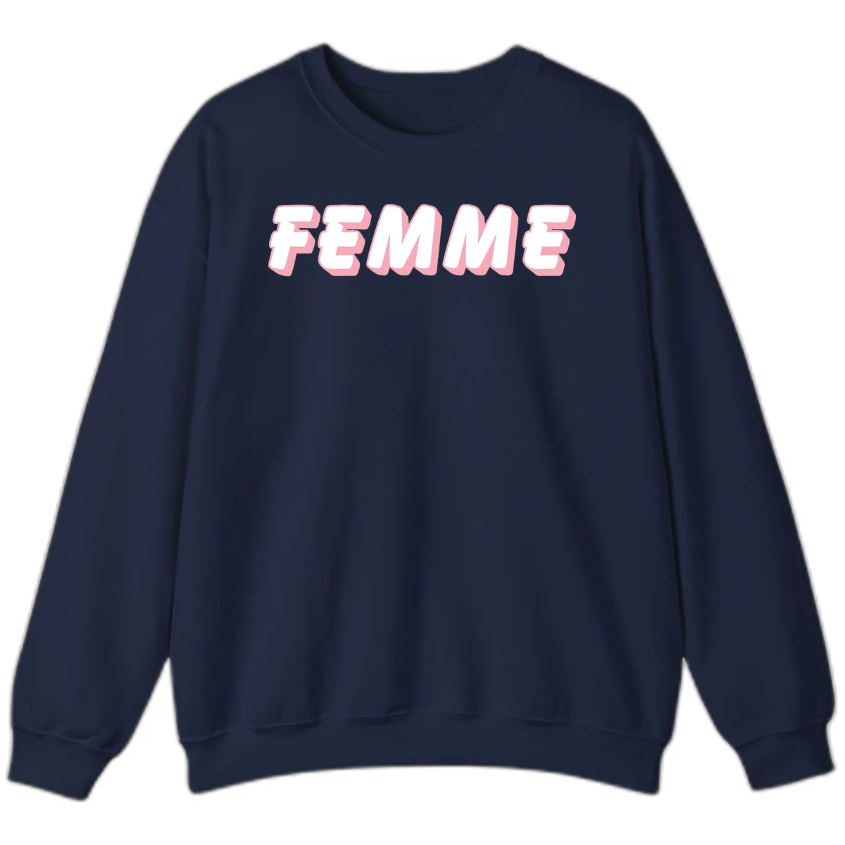 Bold 3D lettering spelling FEMME in white with pink dimensional shadowing on gray background in Navy
