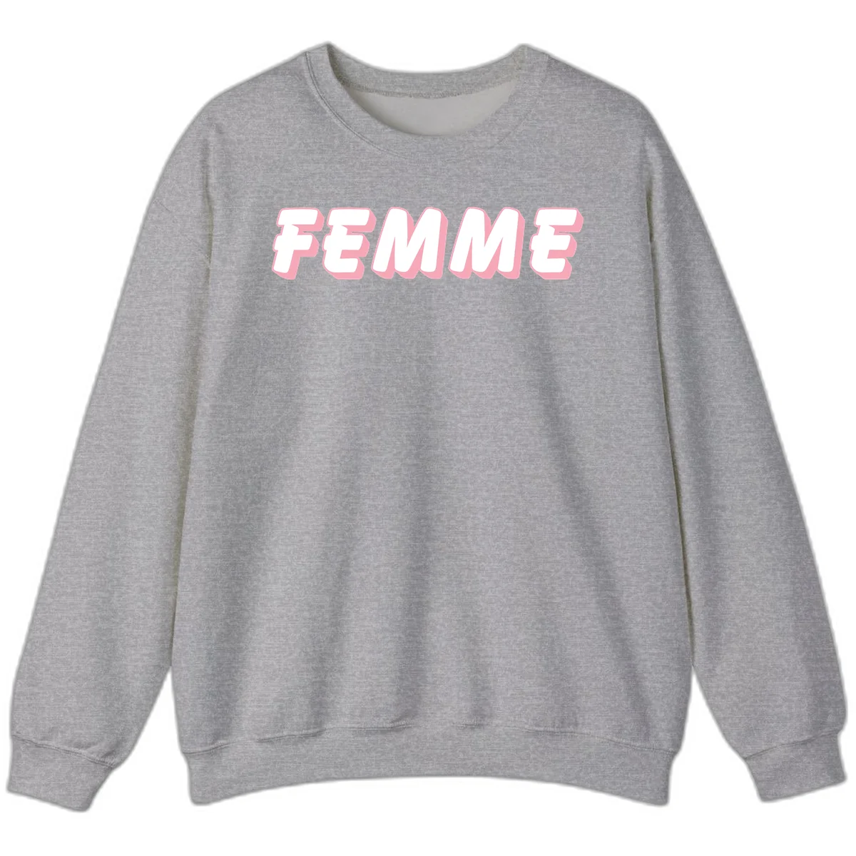 Bold 3D lettering spelling FEMME in white with pink dimensional shadowing on gray background in Sport Grey