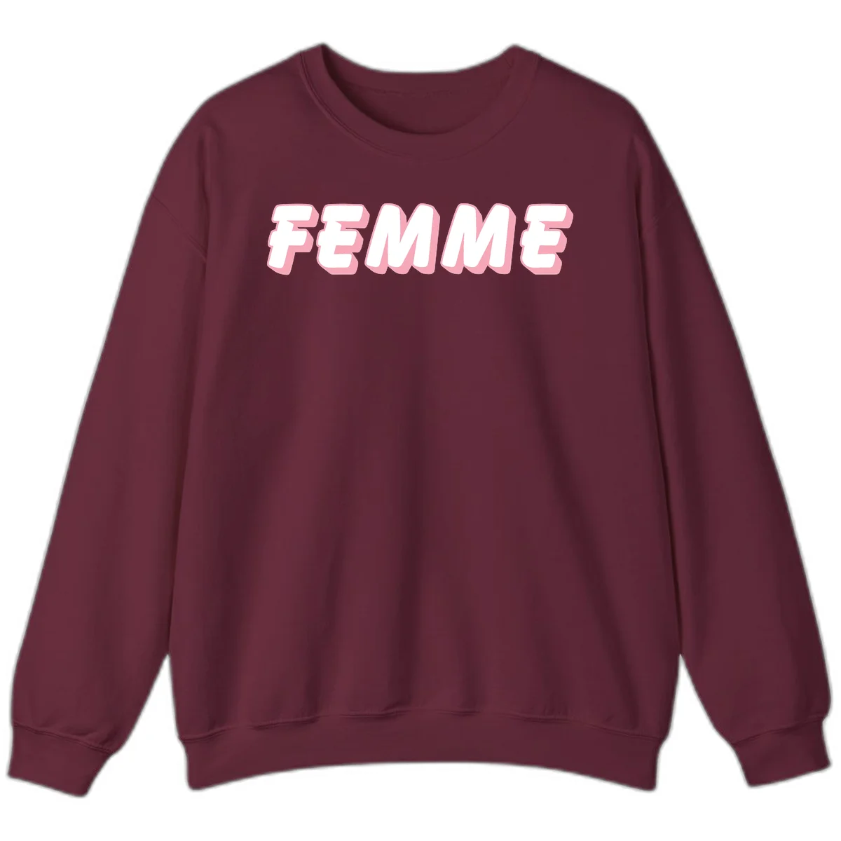 Bold 3D lettering spelling FEMME in white with pink dimensional shadowing on gray background in Maroon