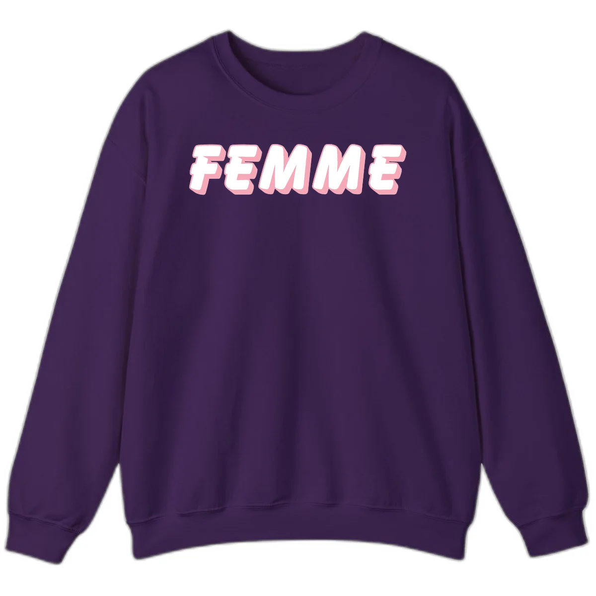 Bold 3D lettering spelling FEMME in white with pink dimensional shadowing on gray background in Purple