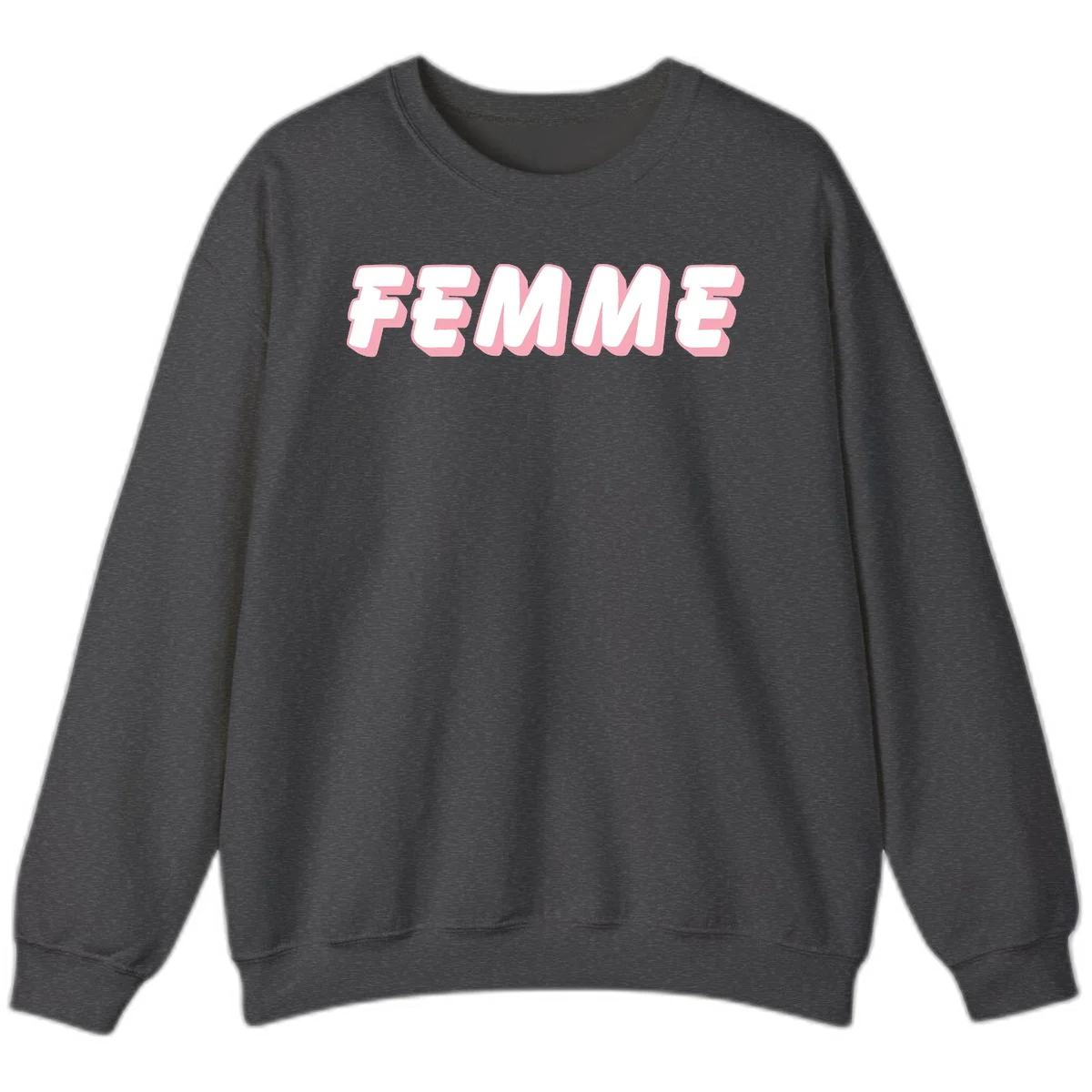 Bold 3D lettering spelling FEMME in white with pink dimensional shadowing on gray background in Dark Heather