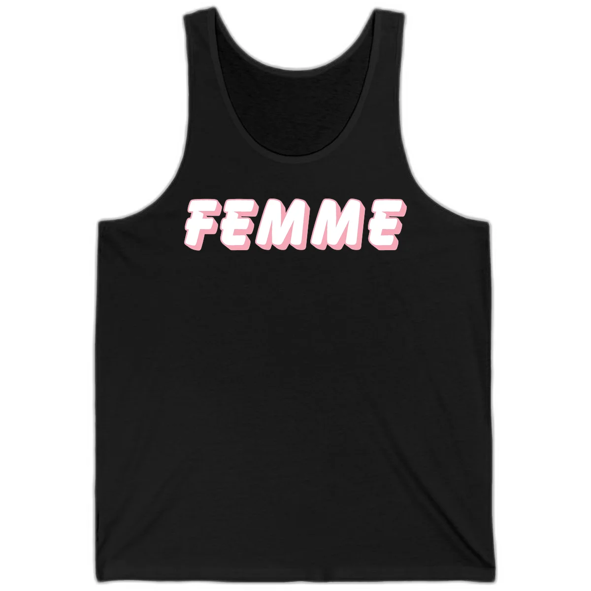 Bold 3D lettering spelling FEMME in white with pink dimensional shadowing on gray background in Black