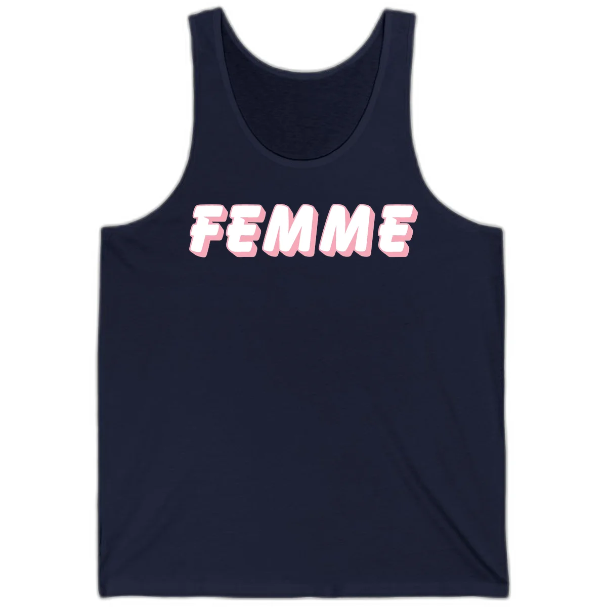 Bold 3D lettering spelling FEMME in white with pink dimensional shadowing on gray background in Navy