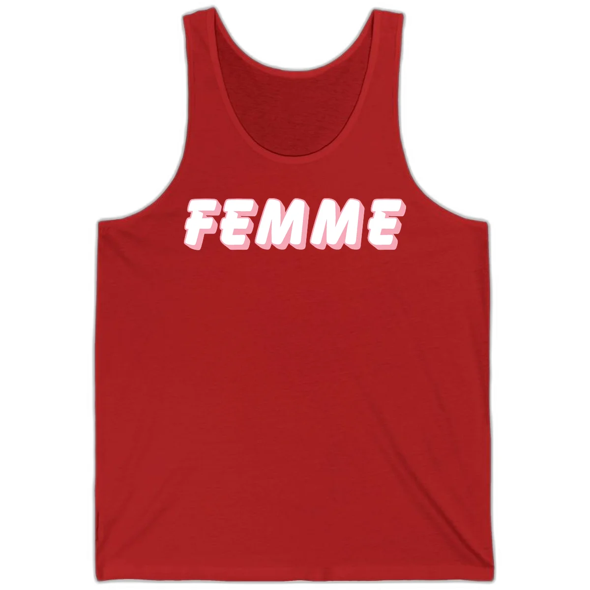Bold 3D lettering spelling FEMME in white with pink dimensional shadowing on gray background in Red
