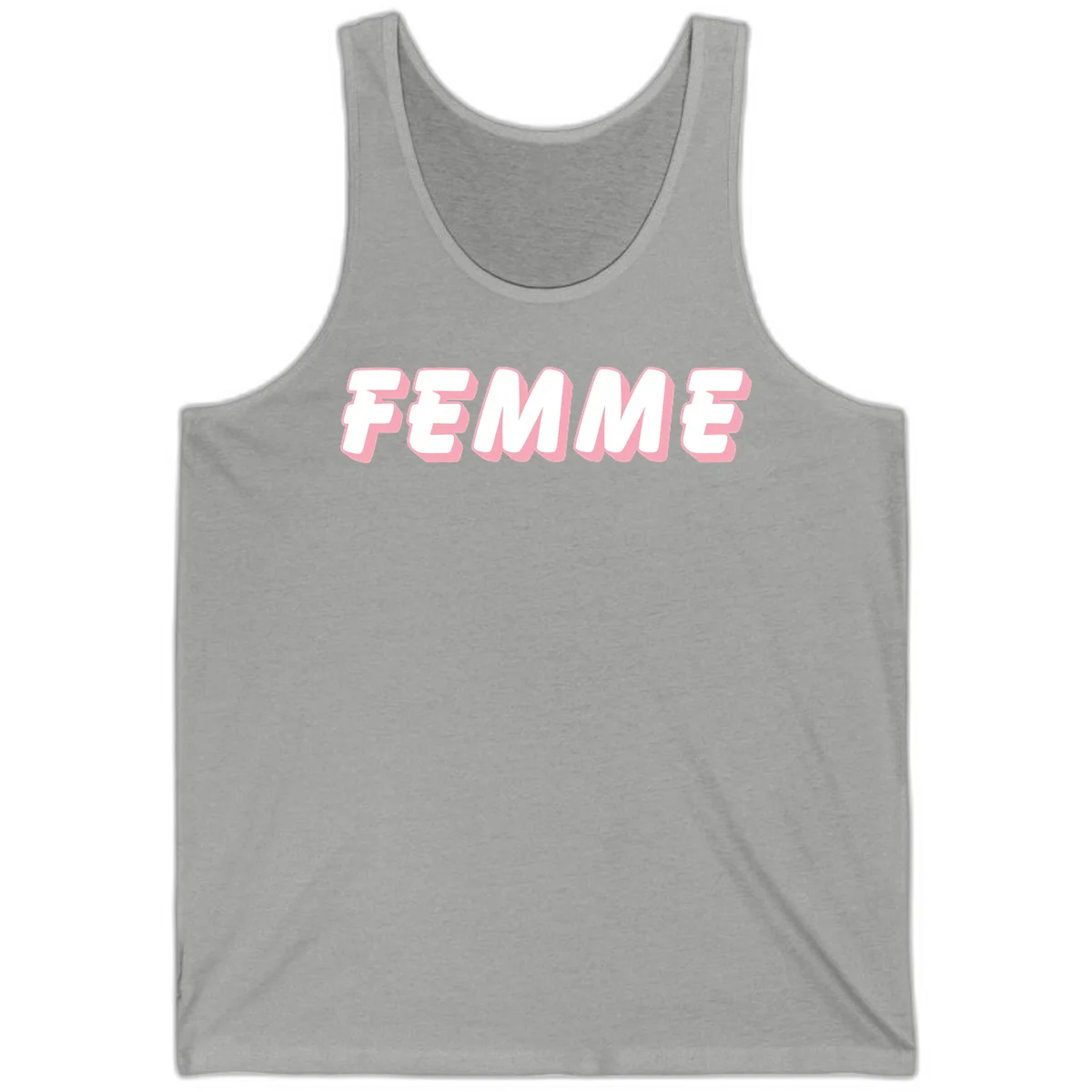 Bold 3D lettering spelling FEMME in white with pink dimensional shadowing on gray background in Athletic Heather