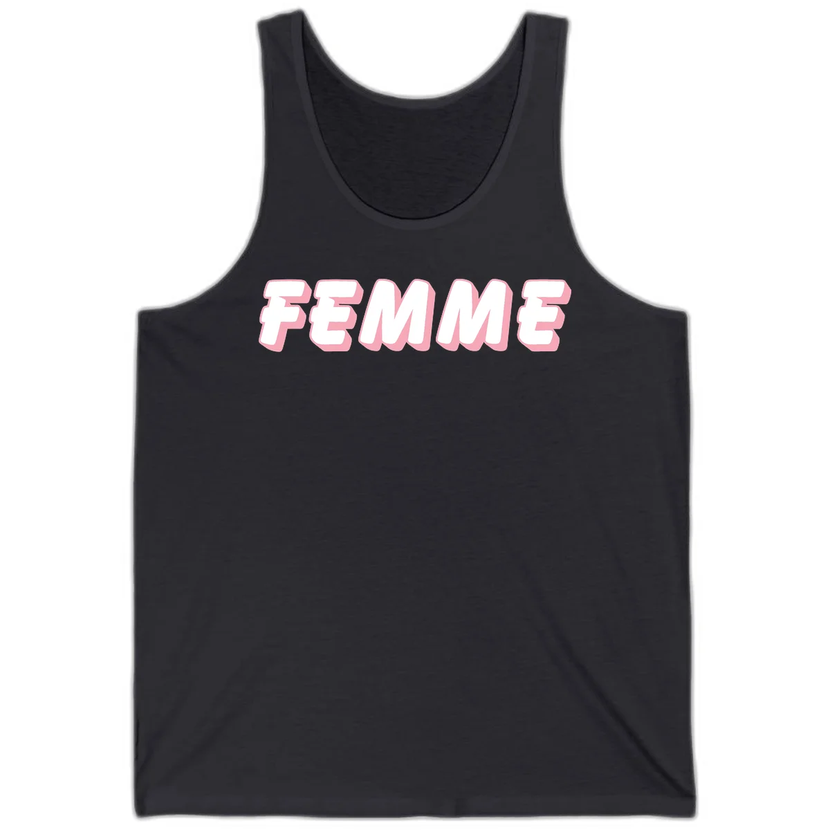 Bold 3D lettering spelling FEMME in white with pink dimensional shadowing on gray background in Dark Grey