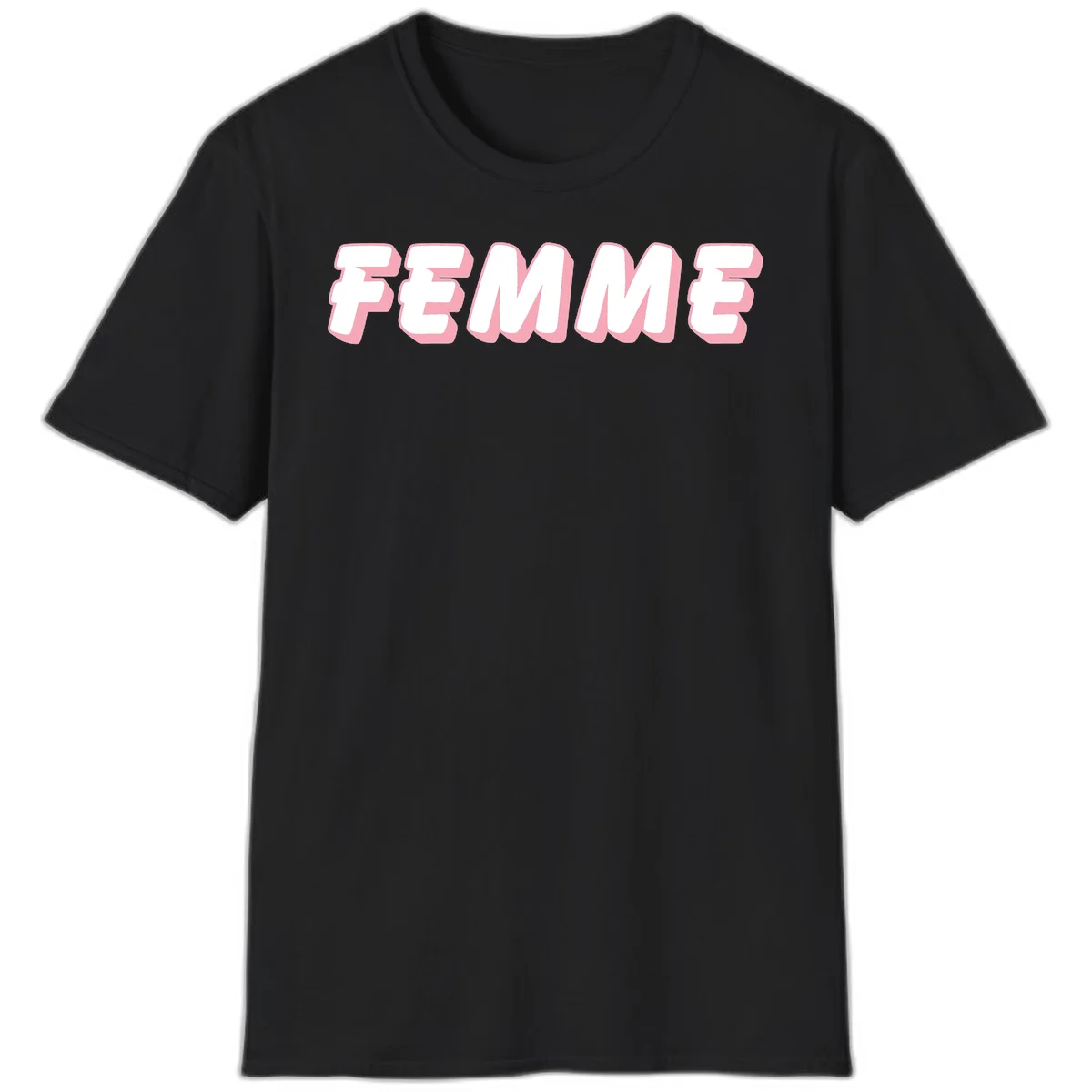 Bold 3D lettering spelling FEMME in white with pink dimensional shadowing on gray background in Black