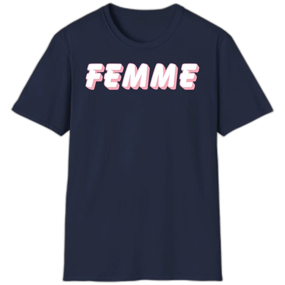 Bold 3D lettering spelling FEMME in white with pink dimensional shadowing on gray background in Navy