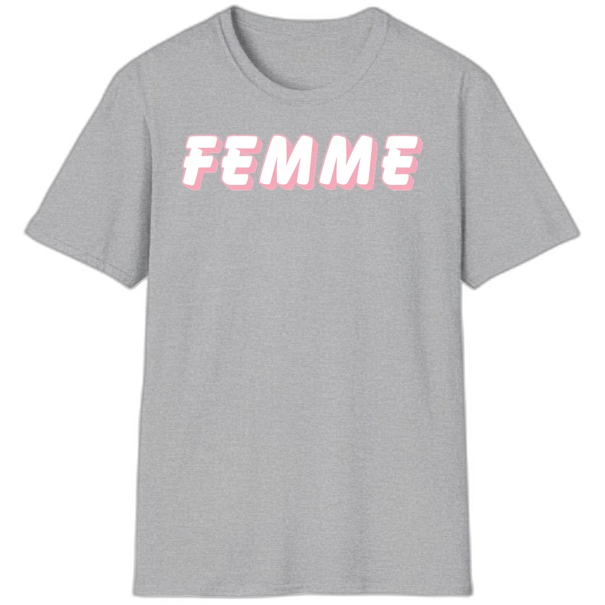 Bold 3D lettering spelling FEMME in white with pink dimensional shadowing on gray background in Sport Grey