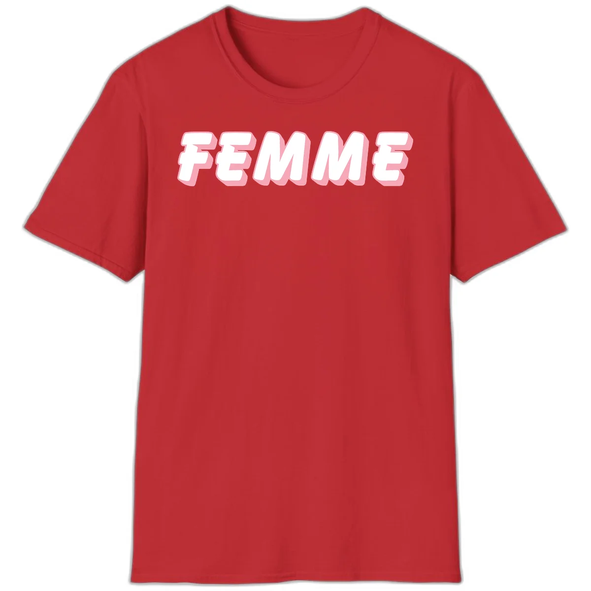Bold 3D lettering spelling FEMME in white with pink dimensional shadowing on gray background in Red