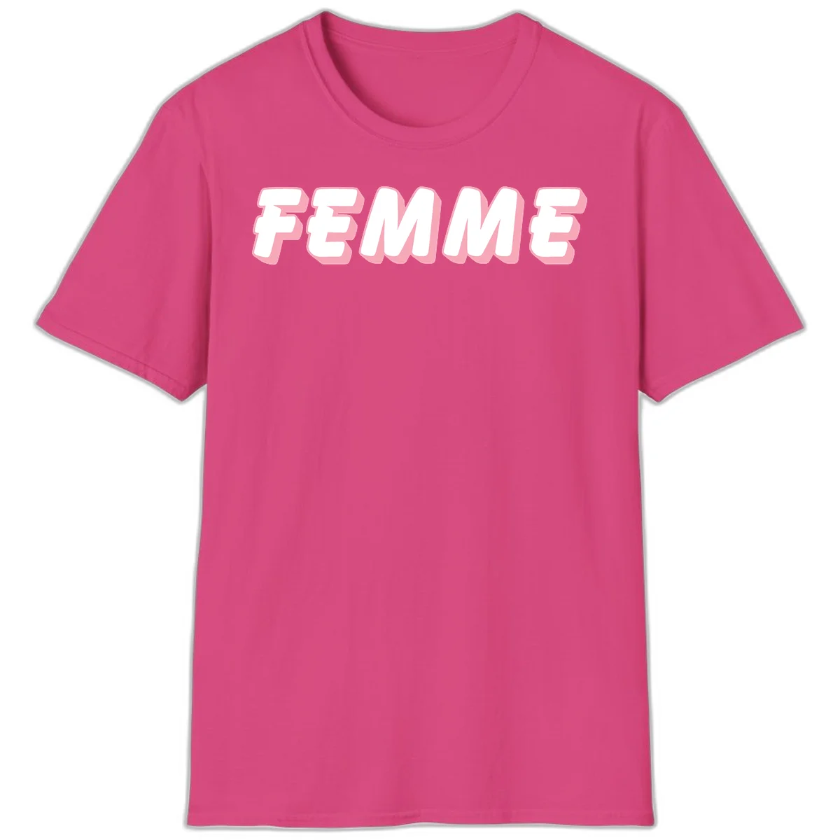 Bold 3D lettering spelling FEMME in white with pink dimensional shadowing on gray background in Heliconia