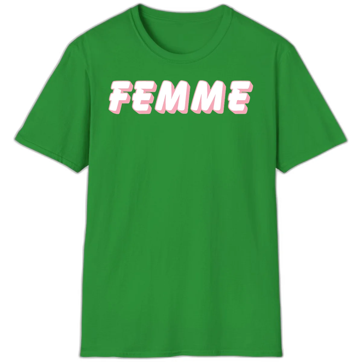 Bold 3D lettering spelling FEMME in white with pink dimensional shadowing on gray background in Irish Green