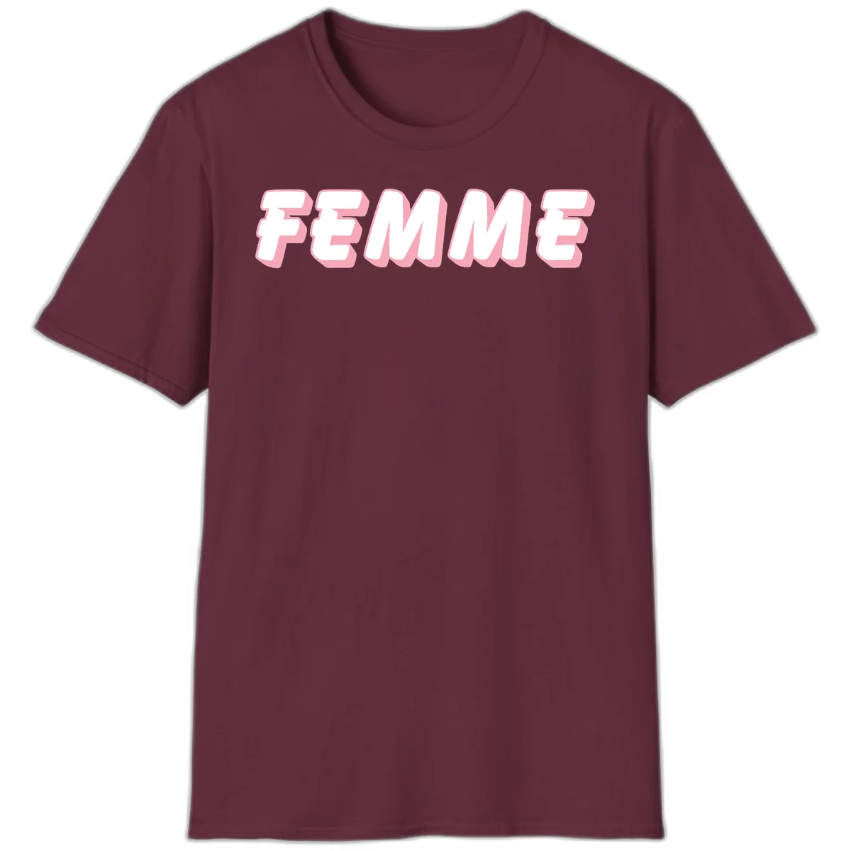 Bold 3D lettering spelling FEMME in white with pink dimensional shadowing on gray background in Maroon