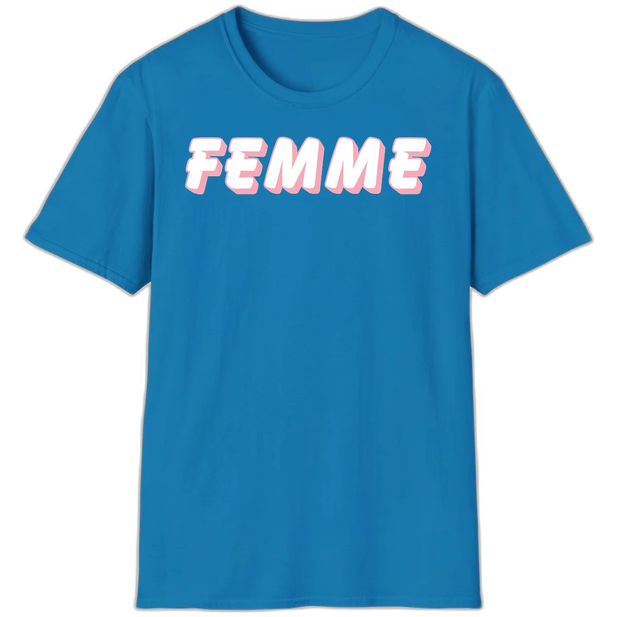 Bold 3D lettering spelling FEMME in white with pink dimensional shadowing on gray background in Sapphire