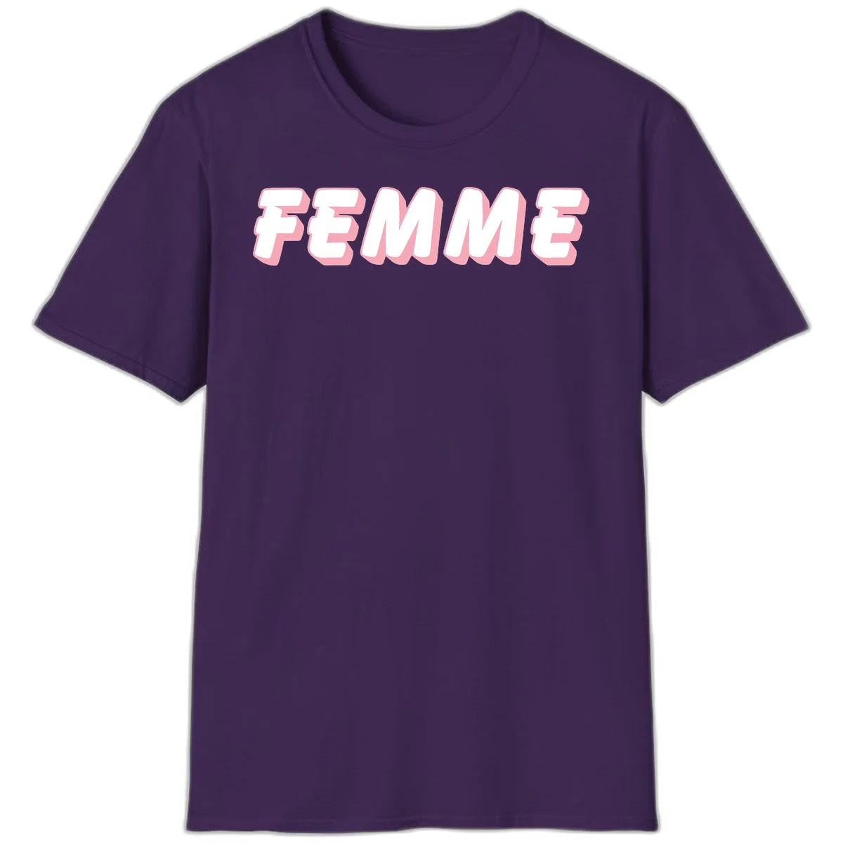 Bold 3D lettering spelling FEMME in white with pink dimensional shadowing on gray background in Purple