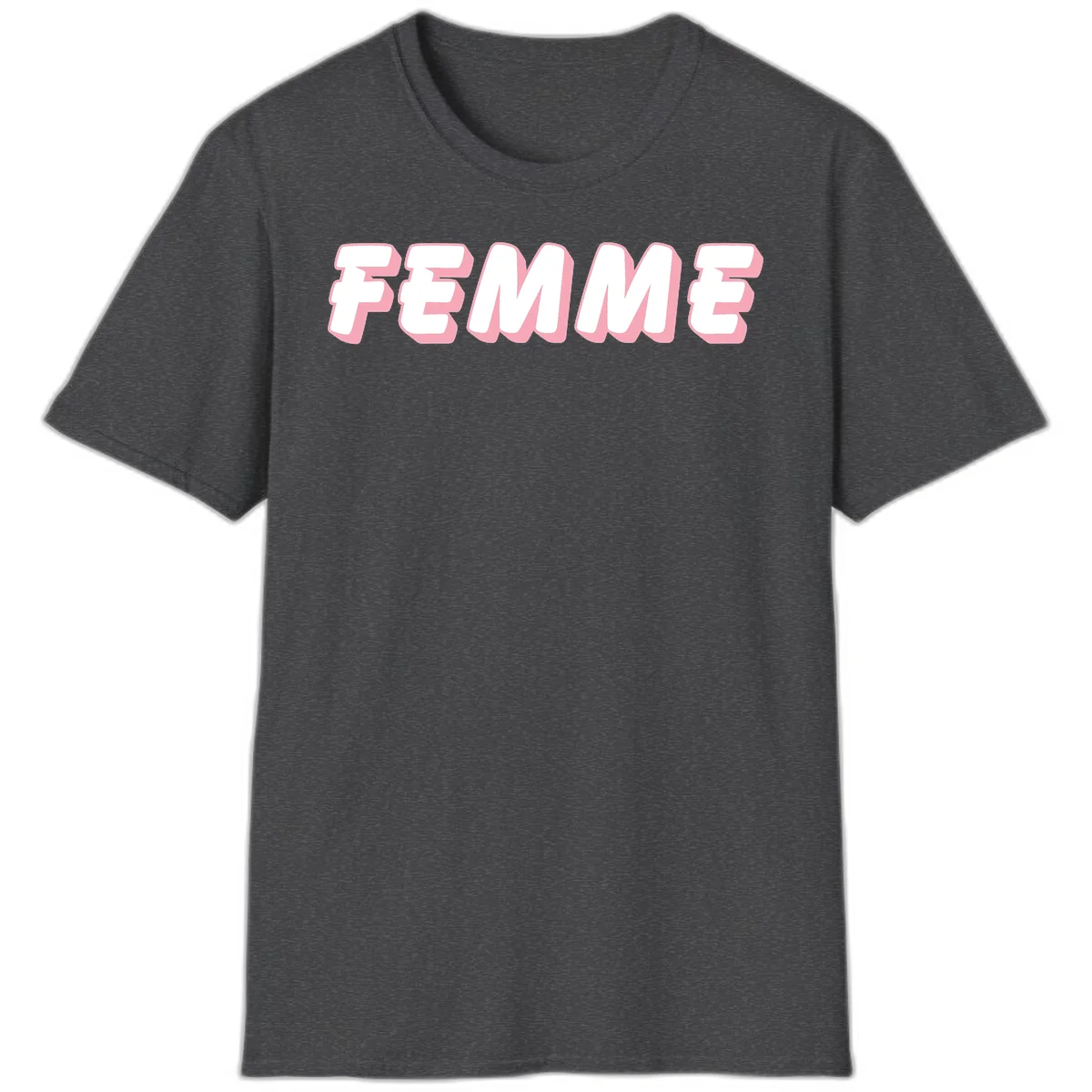 Bold 3D lettering spelling FEMME in white with pink dimensional shadowing on gray background in Dark Heather
