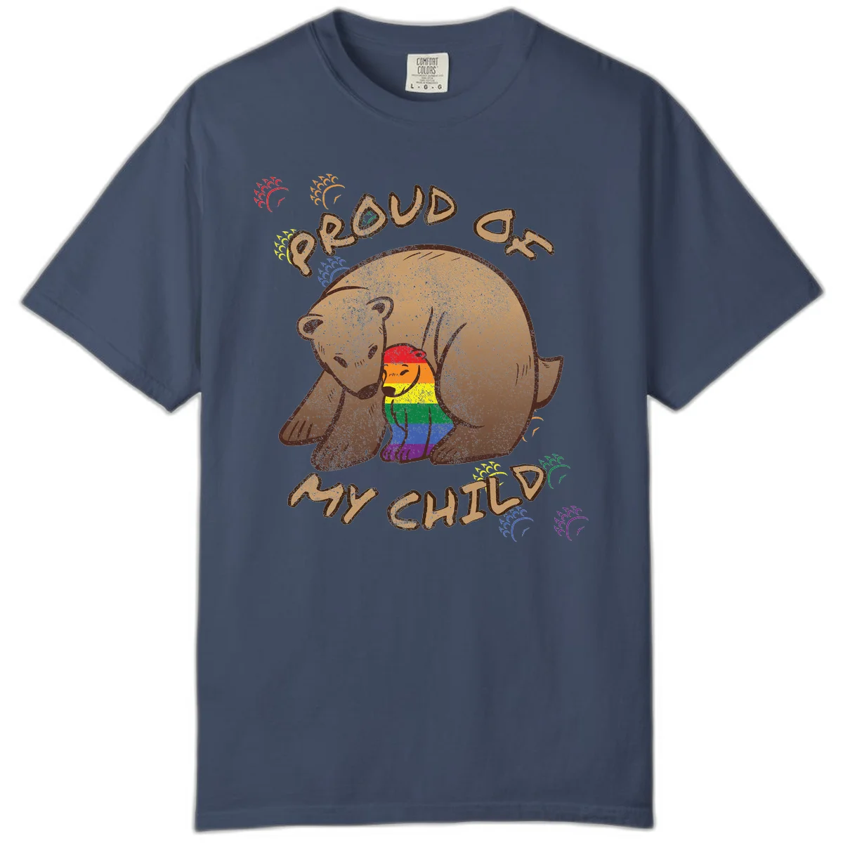 Brown bear proudly displaying rainbow pride colors with 'Proud As Shit' text and decorative bursts in Midnight