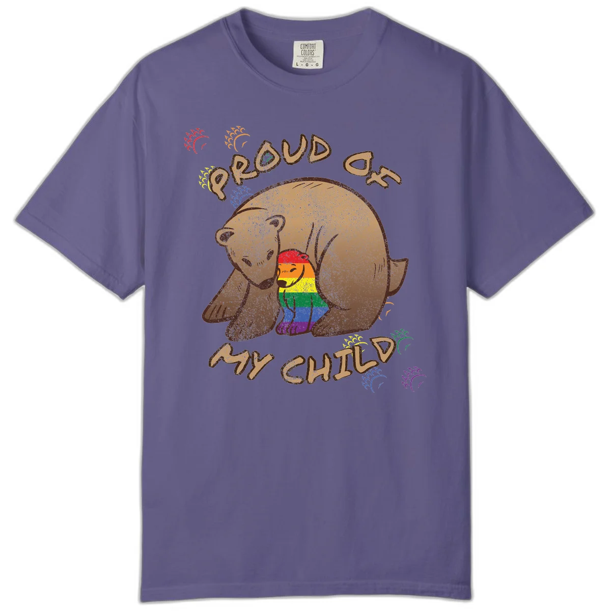 Brown bear proudly displaying rainbow pride colors with 'Proud As Shit' text and decorative bursts in Grape