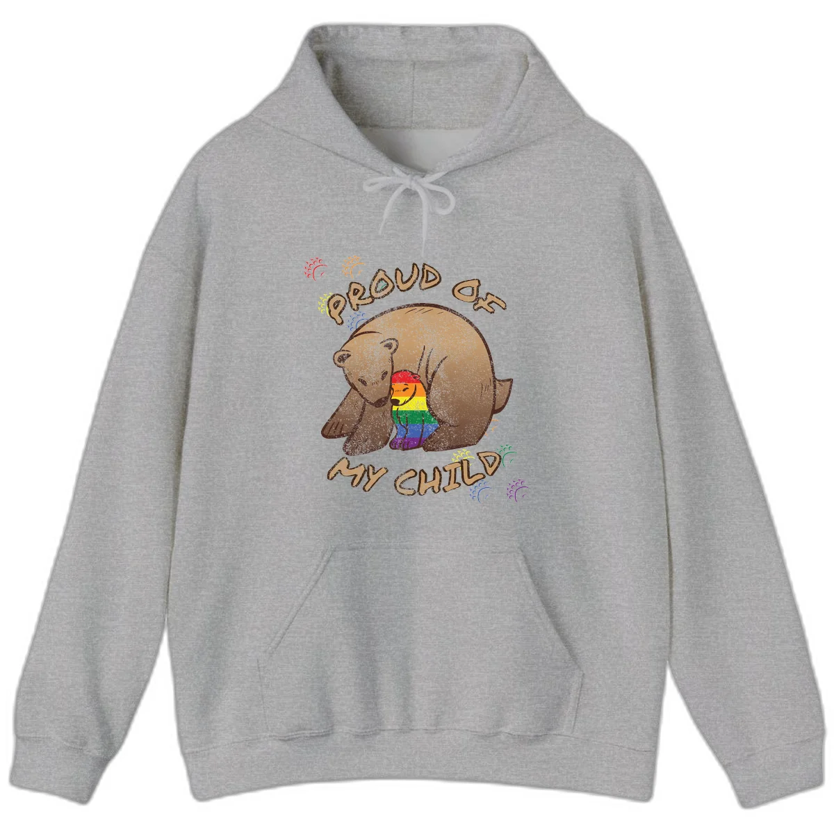 Brown bear proudly displaying rainbow pride colors with 'Proud As Shit' text and decorative bursts in Sport Grey