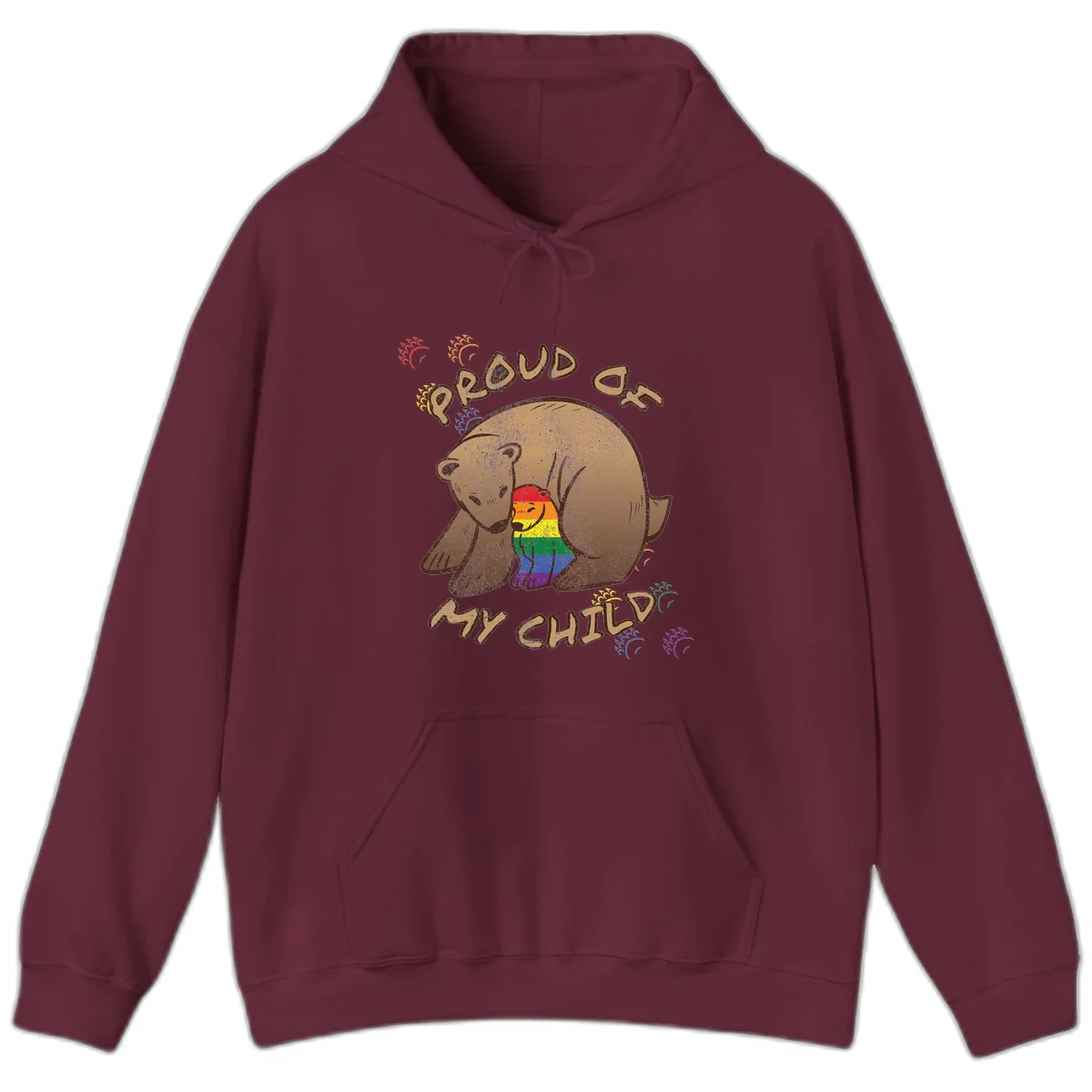 Brown bear proudly displaying rainbow pride colors with 'Proud As Shit' text and decorative bursts in Maroon