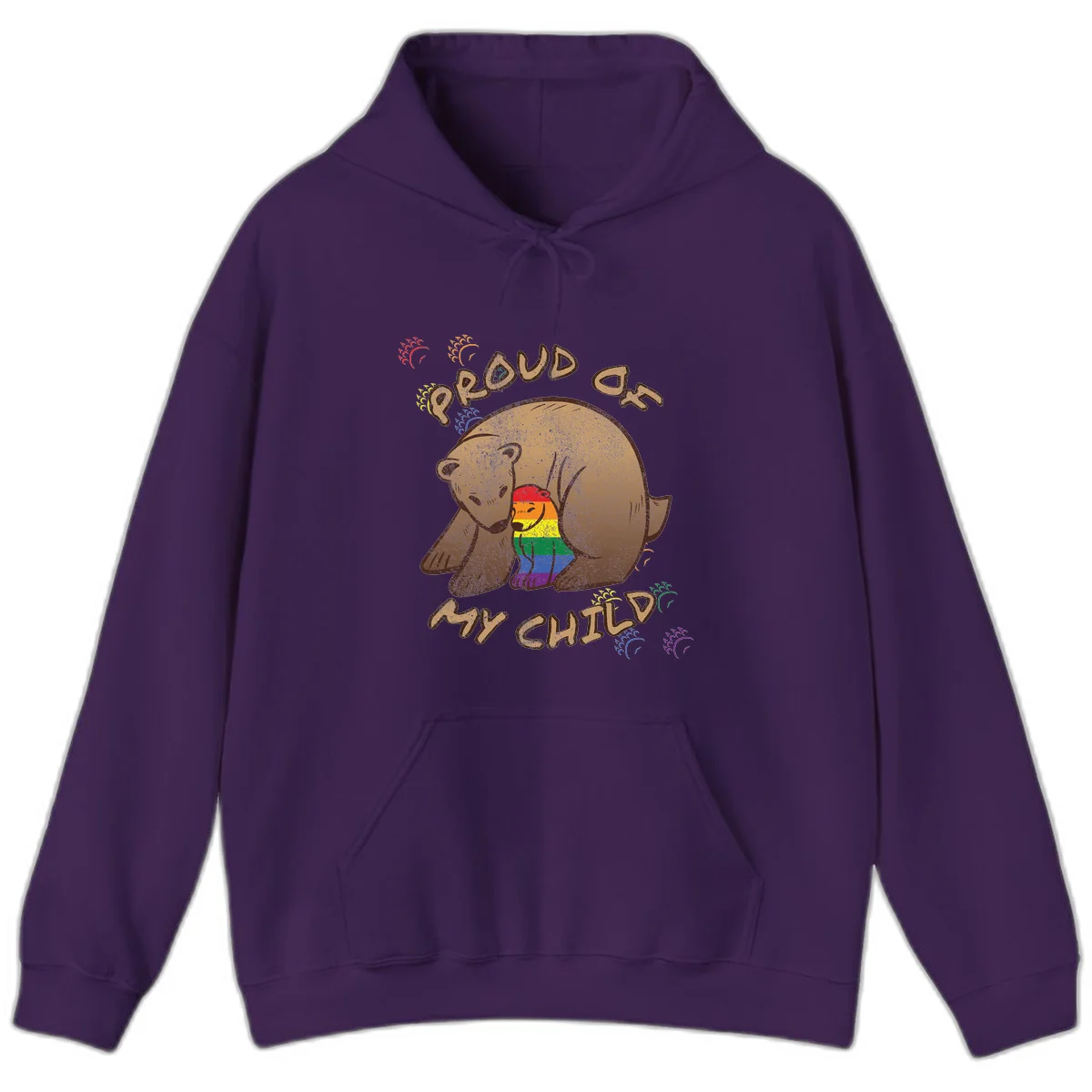 Brown bear proudly displaying rainbow pride colors with 'Proud As Shit' text and decorative bursts in Purple
