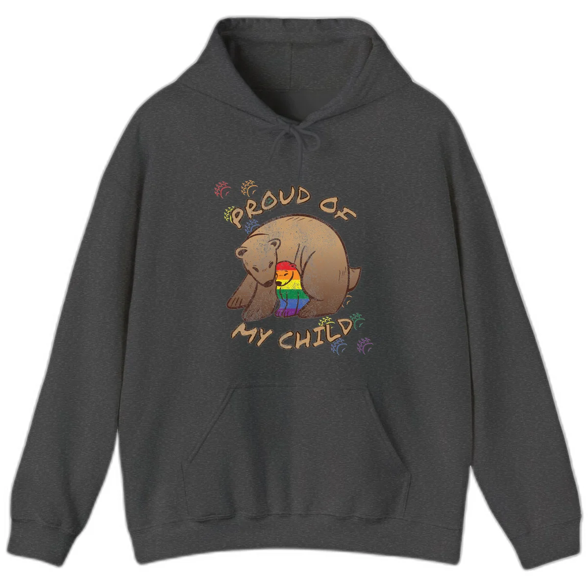 Brown bear proudly displaying rainbow pride colors with 'Proud As Shit' text and decorative bursts in Dark Heather