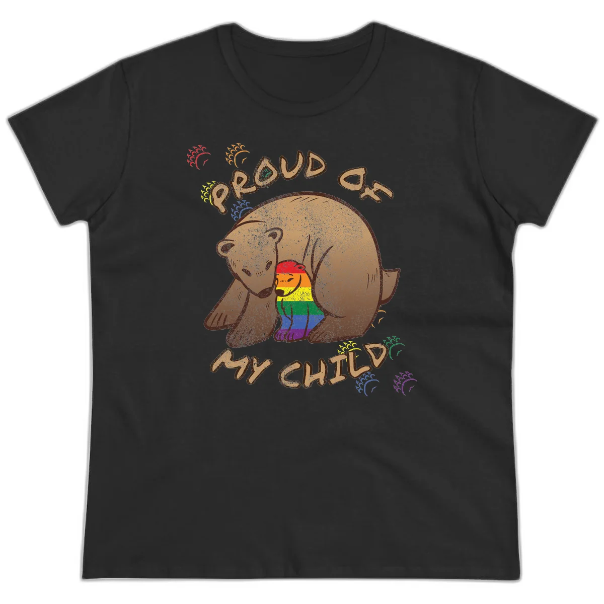Brown bear proudly displaying rainbow pride colors with 'Proud As Shit' text and decorative bursts in Black