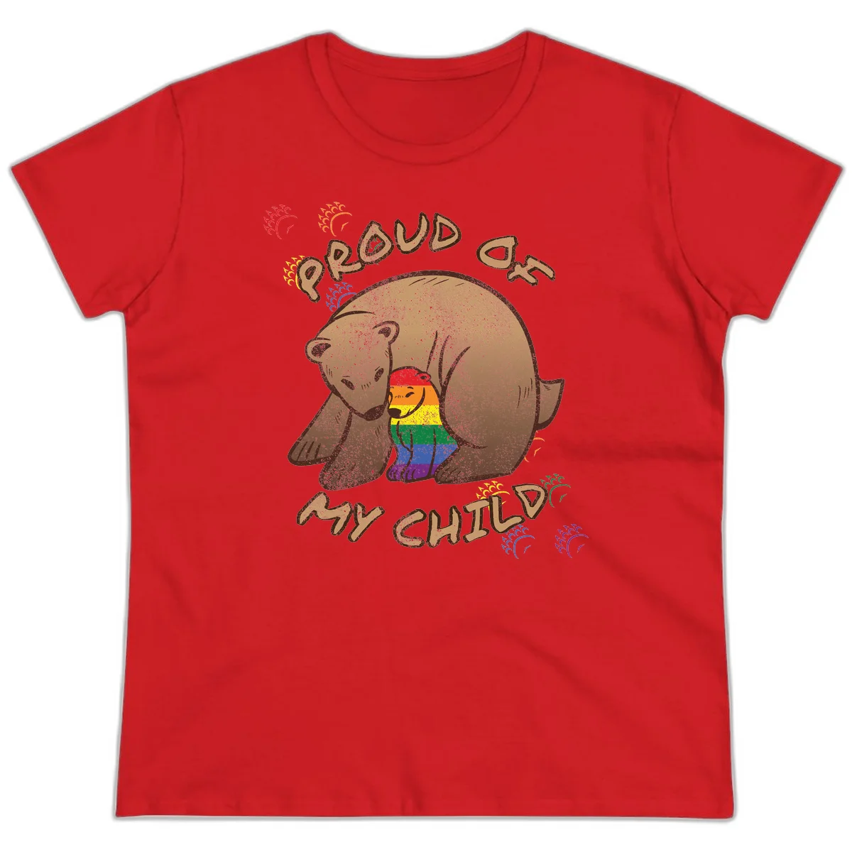 Brown bear proudly displaying rainbow pride colors with 'Proud As Shit' text and decorative bursts in Red