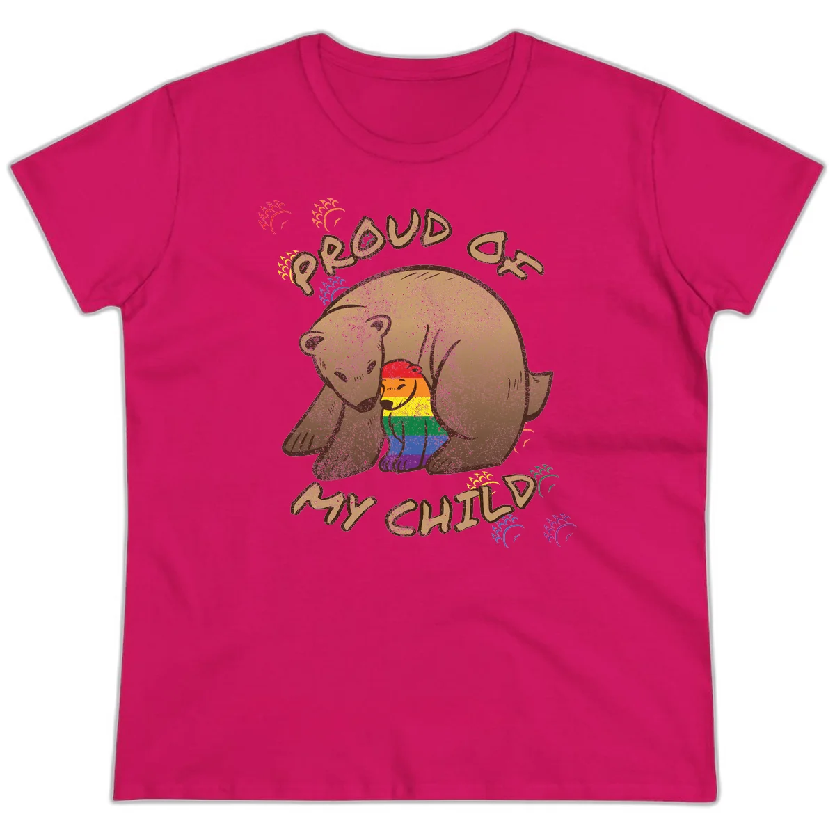 Brown bear proudly displaying rainbow pride colors with 'Proud As Shit' text and decorative bursts in Heliconia