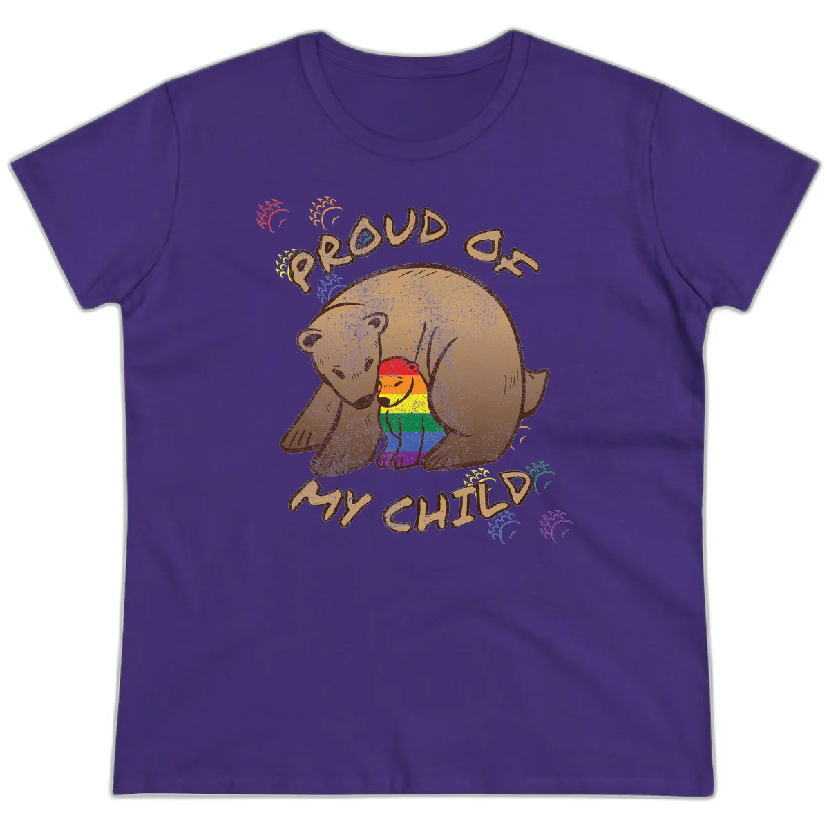 Brown bear proudly displaying rainbow pride colors with 'Proud As Shit' text and decorative bursts in Purple