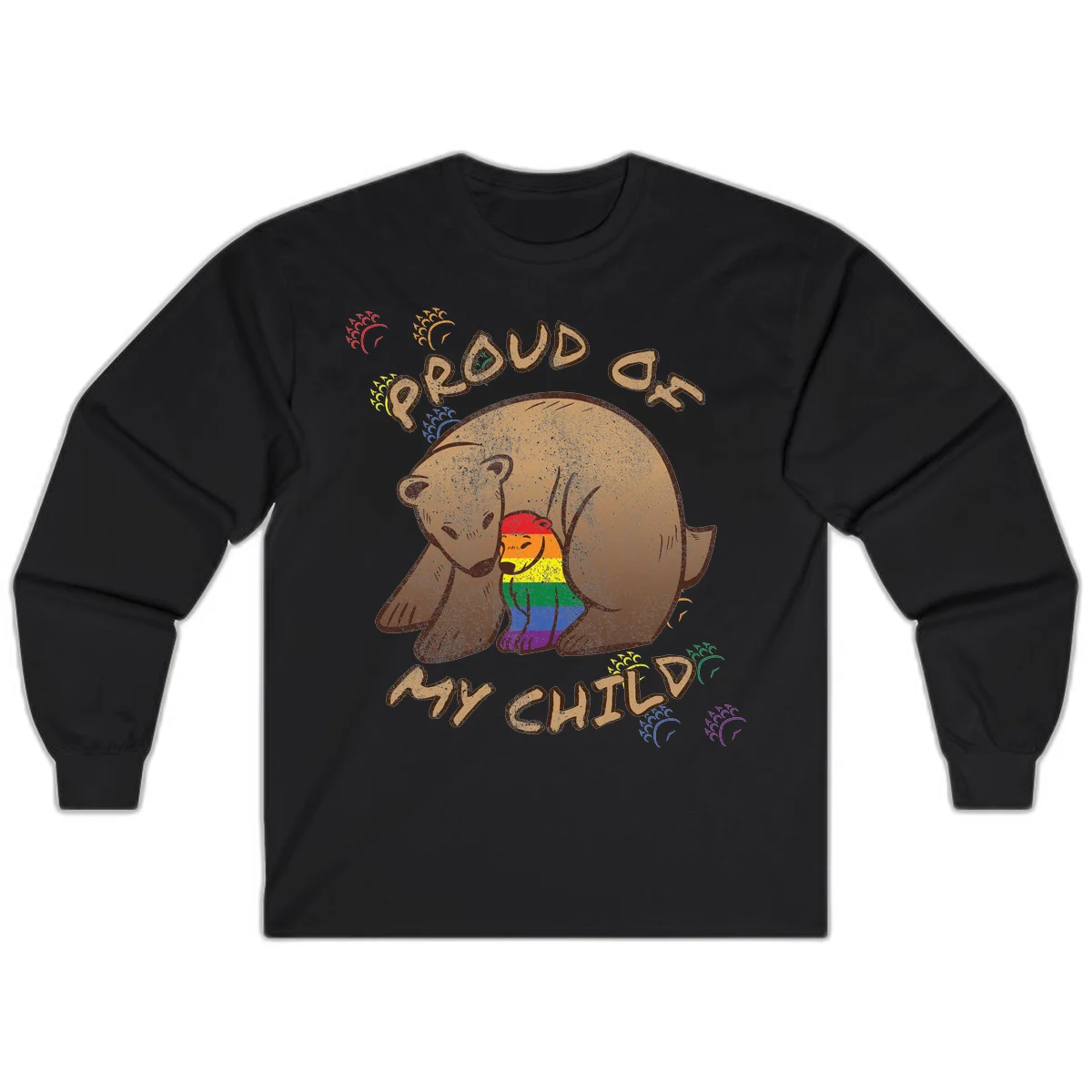Brown bear proudly displaying rainbow pride colors with 'Proud As Shit' text and decorative bursts in Black