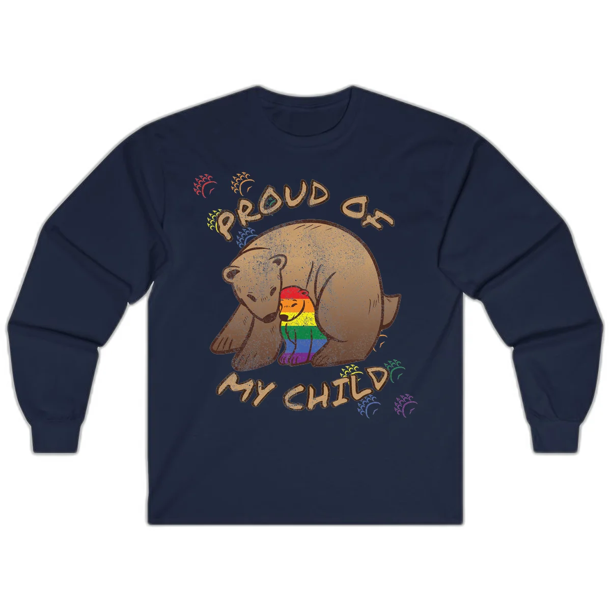 Brown bear proudly displaying rainbow pride colors with 'Proud As Shit' text and decorative bursts in Navy
