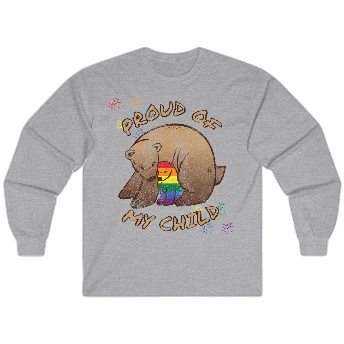 Brown bear proudly displaying rainbow pride colors with 'Proud As Shit' text and decorative bursts in Sport Grey