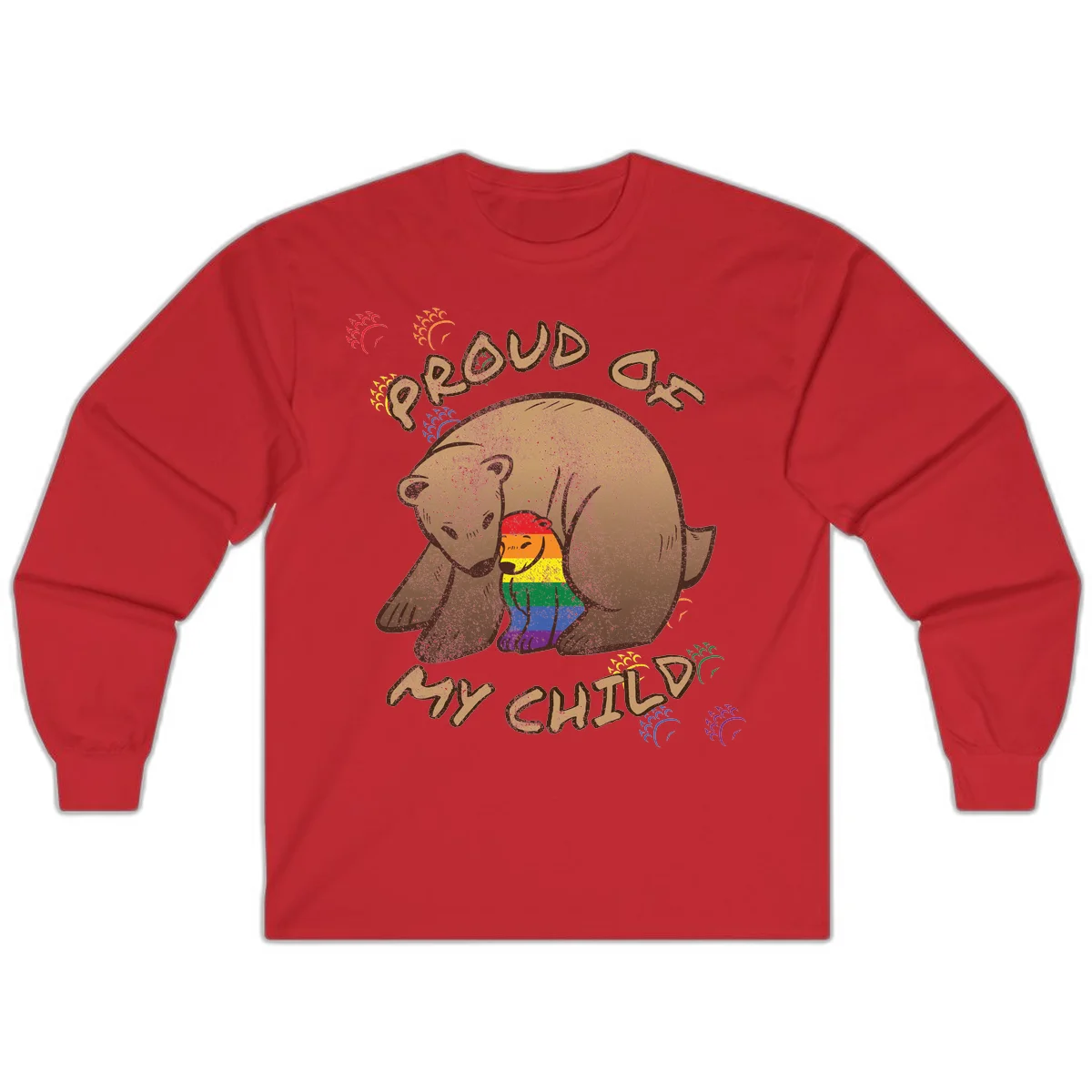 Brown bear proudly displaying rainbow pride colors with 'Proud As Shit' text and decorative bursts in Red